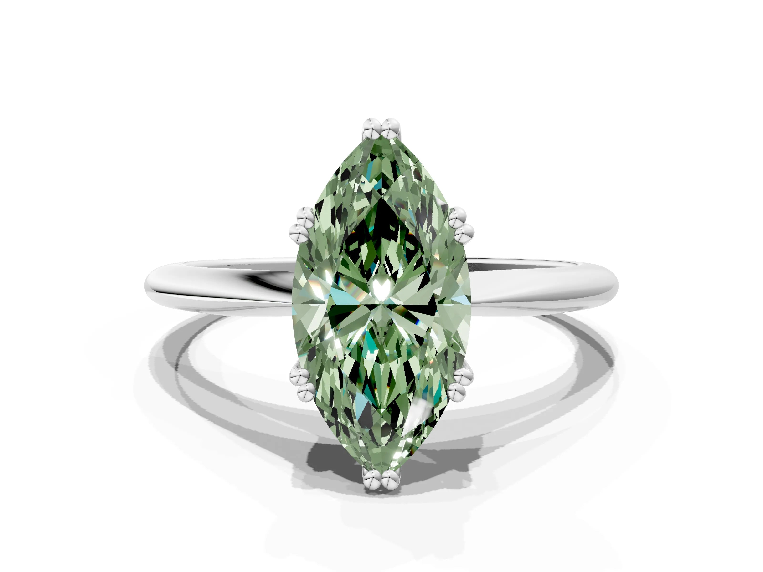 White gold Fancy Green Marquise Cut Solitaire Diamond Ring with Six-Prong Setting and Classic Band