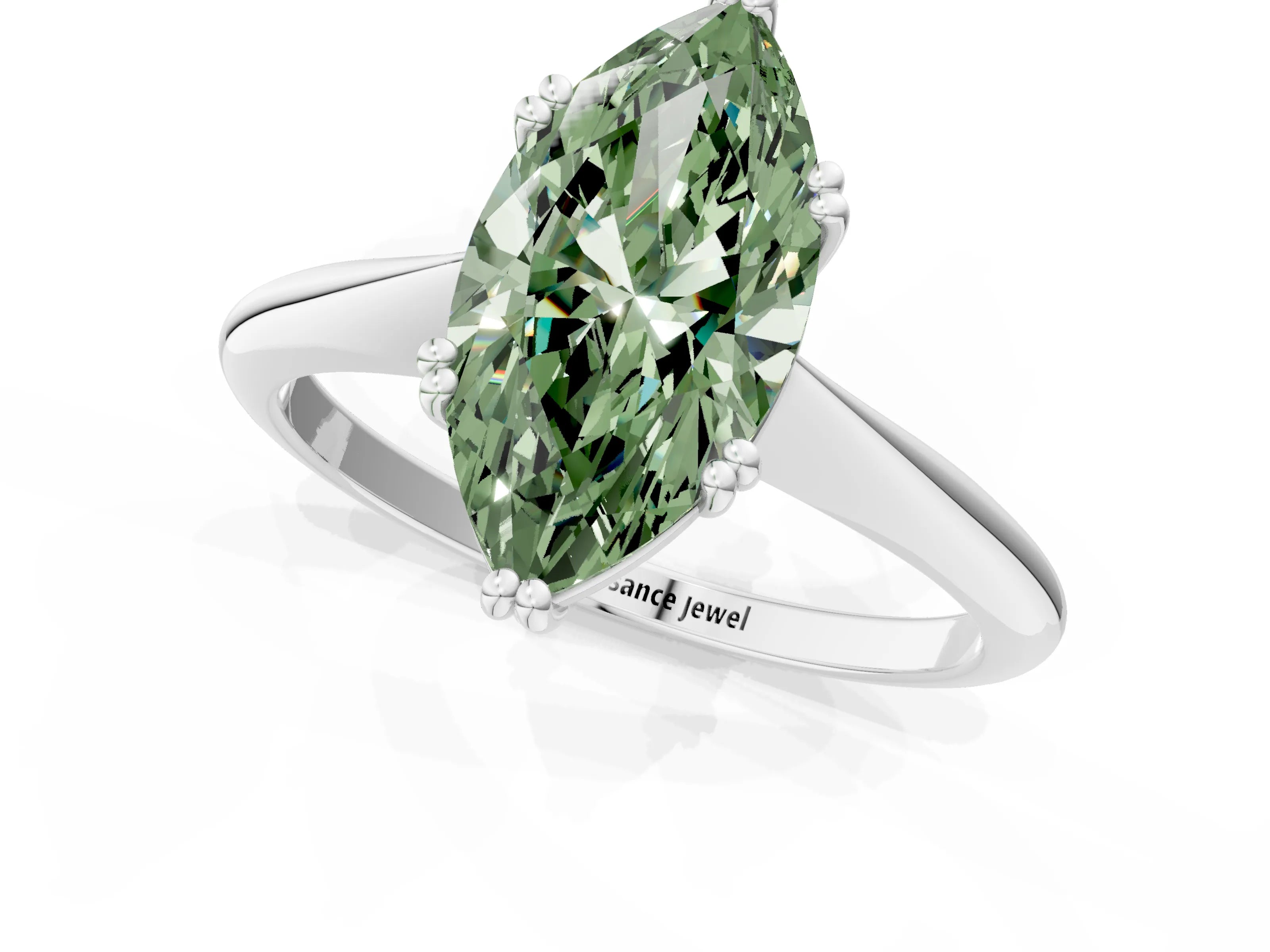 White gold Fancy Green Marquise Cut Solitaire Diamond Ring with Six-Prong Setting and Classic Band_1