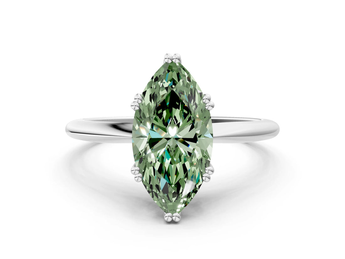 White gold Fancy Green Marquise Cut Solitaire Diamond Ring with Six-Prong Setting and Classic Band_14
