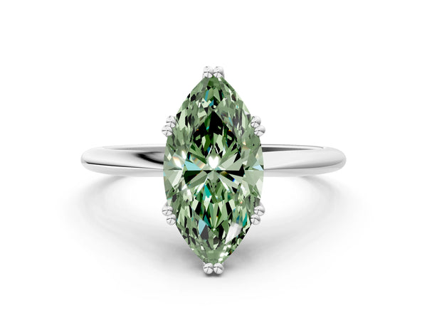 Platinum Fancy Green Marquise Cut Solitaire Diamond Ring with Six-Prong Setting and Classic Band