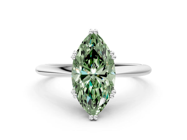 Platinum Fancy Green Marquise Cut Solitaire Diamond Ring with Six-Prong Setting and Classic Band