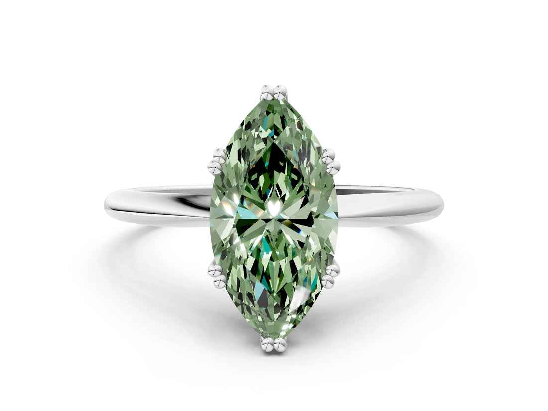 White gold Fancy Green Marquise Cut Solitaire Diamond Ring with Six-Prong Setting and Classic Band_55