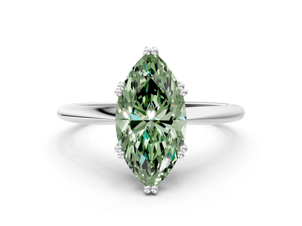 Platinum Fancy Green Marquise Cut Solitaire Diamond Ring with Six-Prong Setting and Classic Band