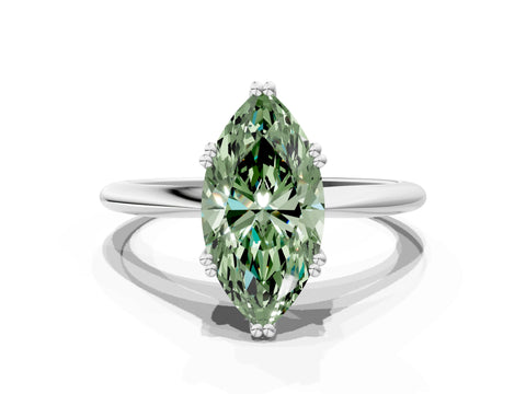 White gold Fancy Green Marquise Cut Solitaire Diamond Ring with Six-Prong Setting and Classic Band