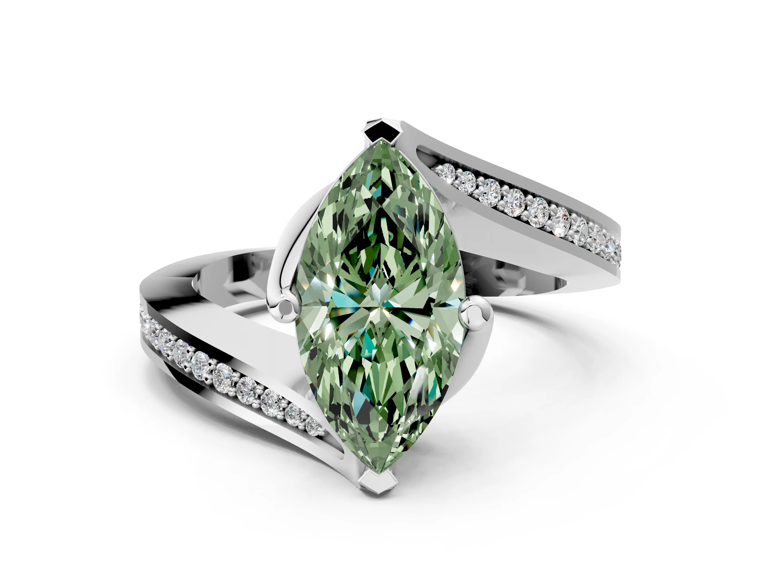 White gold Fancy Green Marquise Cut Solitaire Diamond Twist Band with Pavé Setting and Four-Prong Setting_12