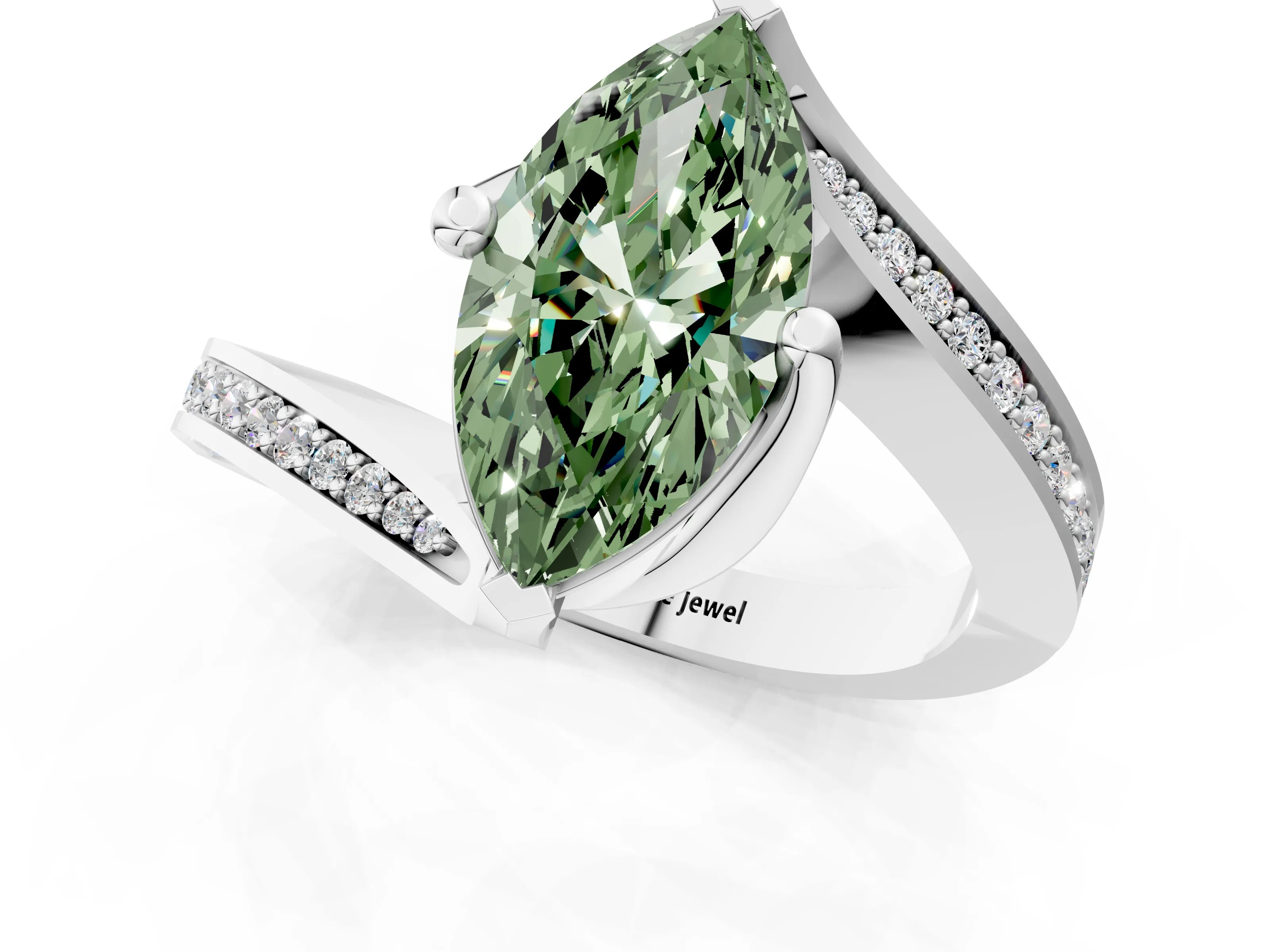 White gold Fancy Green Marquise Cut Solitaire Diamond Twist Band with Pavé Setting and Four-Prong Setting_13
