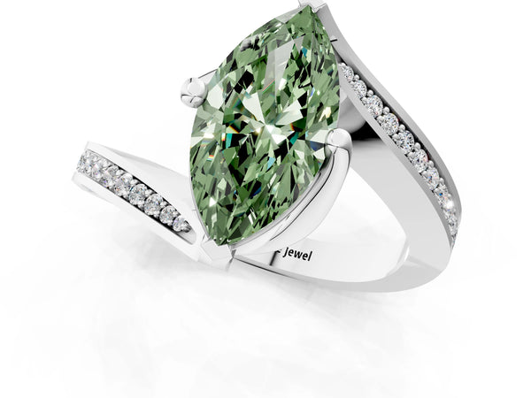 White gold Fancy Green Marquise Cut Solitaire Diamond Twist Band with Pavé Setting and Four-Prong Setting