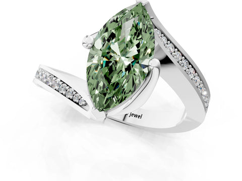 White gold Fancy Green Marquise Cut Solitaire Diamond Twist Band with Pavé Setting and Four-Prong Setting_13