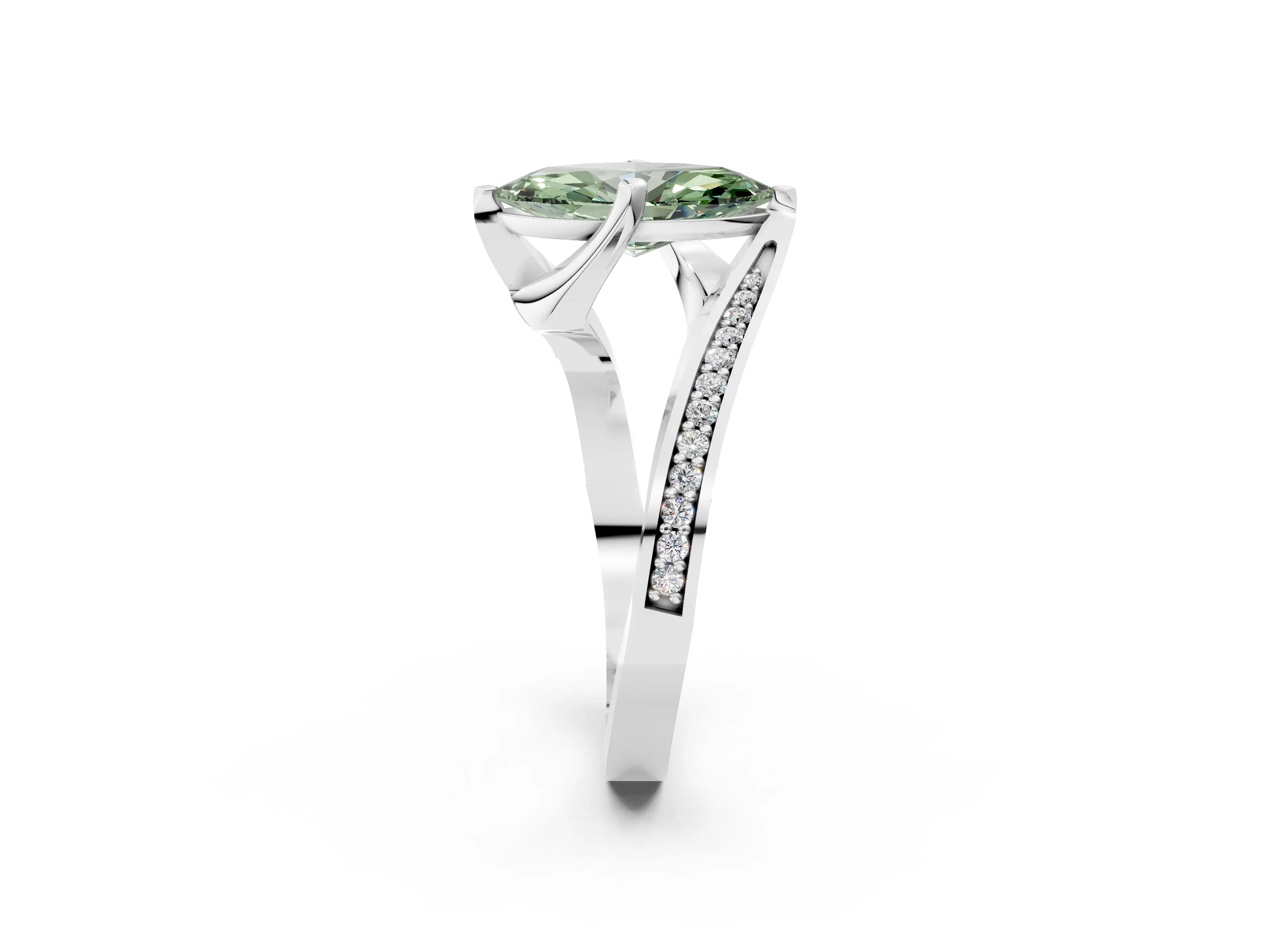 White gold Fancy Green Marquise Cut Solitaire Diamond Twist Band with Pavé Setting and Four-Prong Setting_14