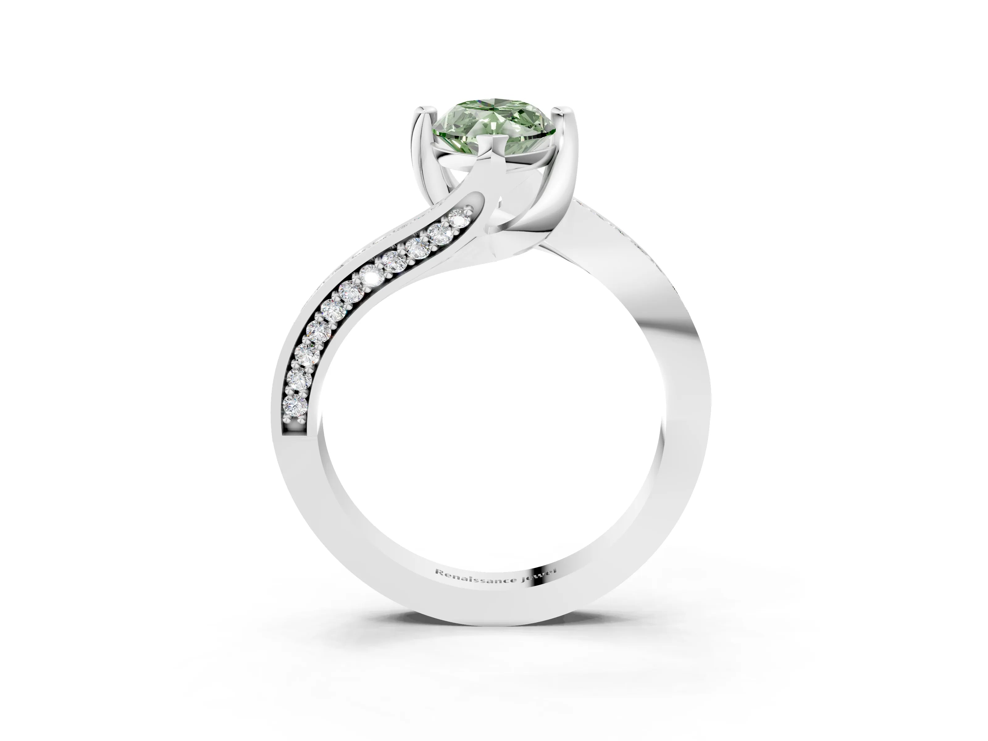 White gold Fancy Green Marquise Cut Solitaire Diamond Twist Band with Pavé Setting and Four-Prong Setting_15