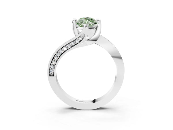 White gold Fancy Green Marquise Cut Solitaire Diamond Twist Band with Pavé Setting and Four-Prong Setting