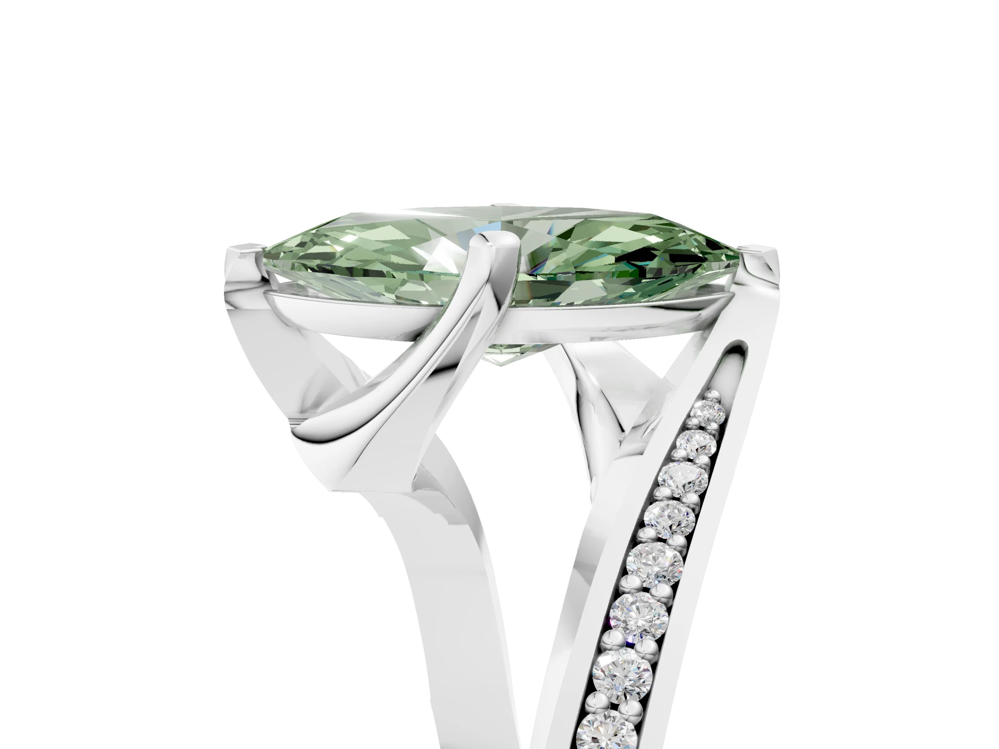 White gold Fancy Green Marquise Cut Solitaire Diamond Twist Band with Pavé Setting and Four-Prong Setting_17