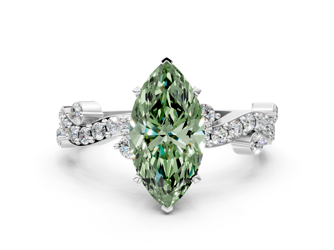 White gold Fancy Green Marquise  Cut Solitaire Diamond Twisted Band with Pave Setting_44