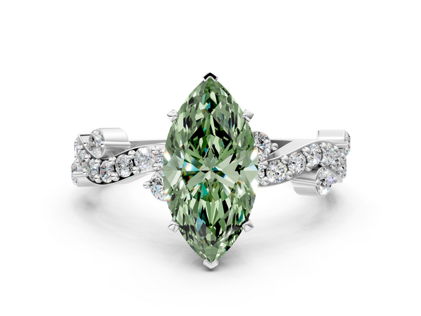 White gold Fancy Green Marquise  Cut Solitaire Diamond Twisted Band with Pave Setting