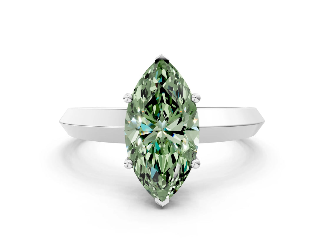 White gold Fancy Green Marquise  Cut Solitaire Engagement Ring with Flat Band and Four-Prong Setting