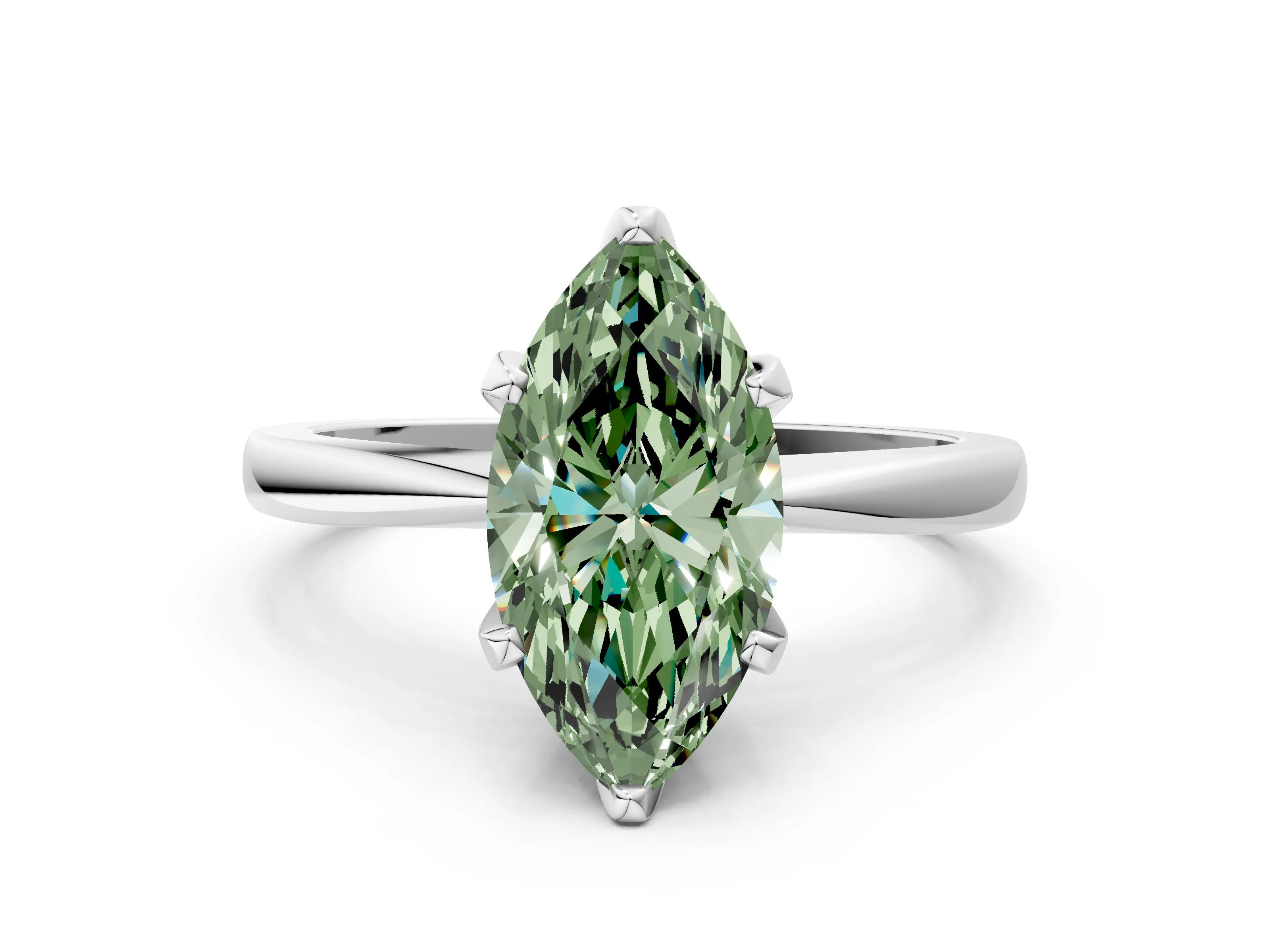 White gold Fancy Green Marquise Cut Solitaire Engagement Ring with Six-Prong Setting and Tapered Band