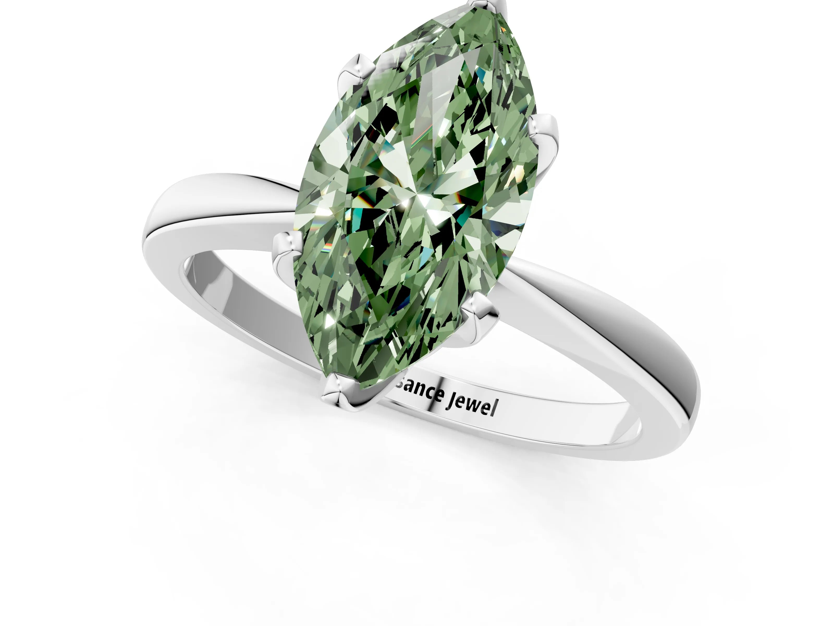White gold Fancy Green Marquise Cut Solitaire Engagement Ring with Six-Prong Setting and Tapered Band_1