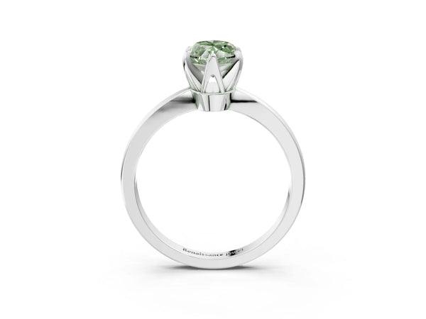 Platinum Fancy Green Marquise Cut Solitaire Engagement Ring with Six-Prong Setting and Tapered Band