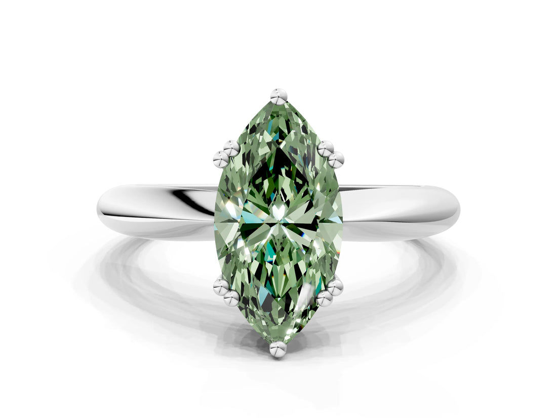 White gold Fancy Green Marquise  Cut Solitaire Engagement Ring with Tapered Band and Four-Prong Setting 1