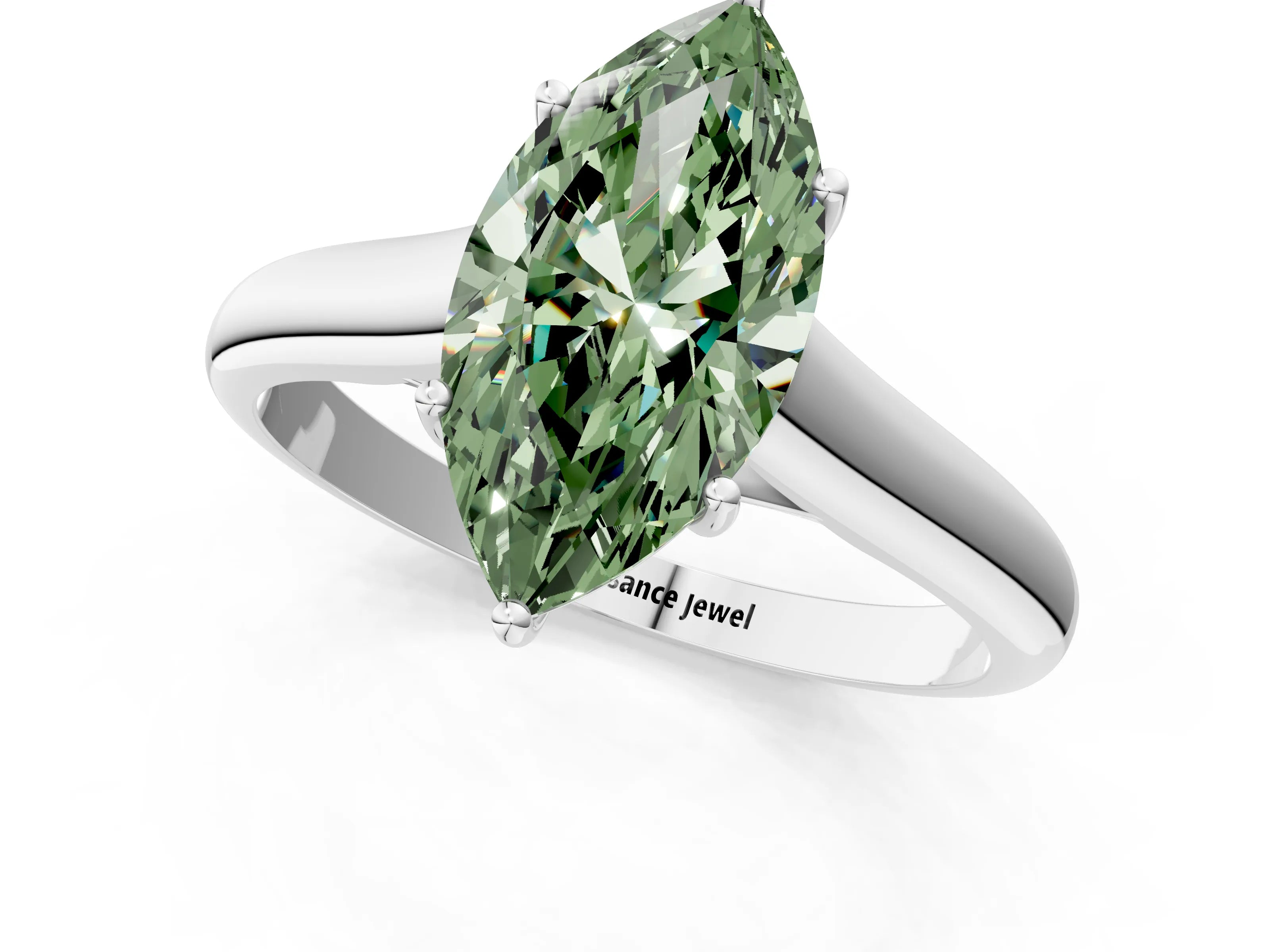 White gold Fancy Green Marquise Cut Solitaire Engagement Ring with Tapered Band and Four-Prong Setting_16