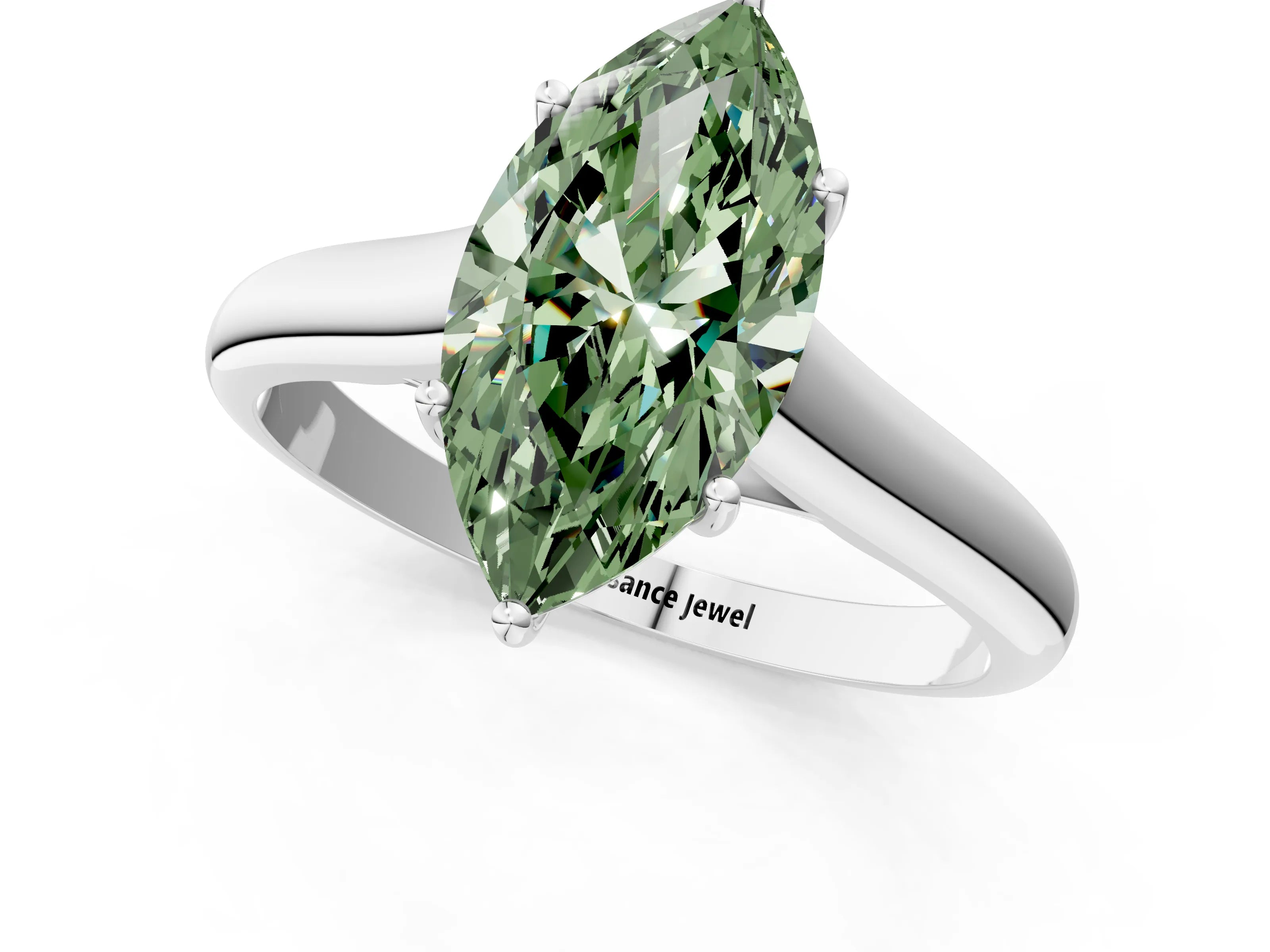 White gold Fancy Green Marquise Cut Solitaire Engagement Ring with Tapered Band and Four-Prong Setting_4