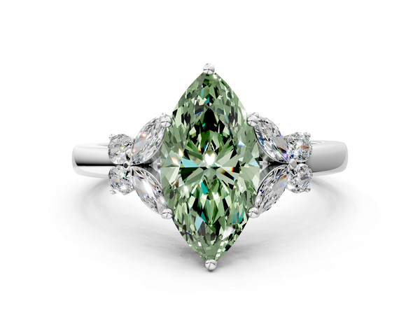 Platinum Fancy Green Marquise  Cut Solitaire Floral Diamond Ring with Four-Prong Setting