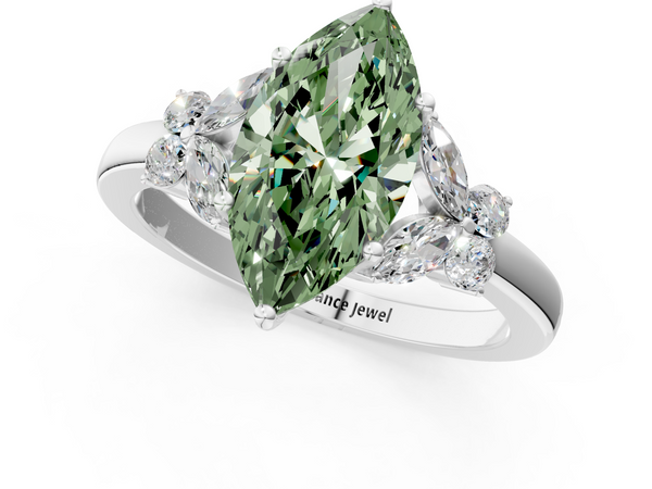 Platinum Fancy Green Marquise  Cut Solitaire Floral Diamond Ring with Four-Prong Setting