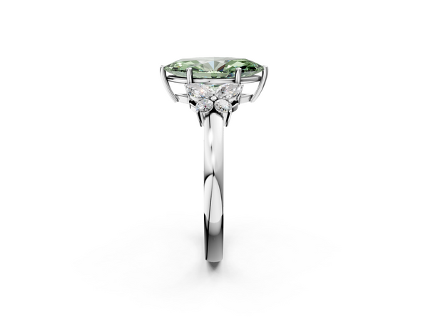 Platinum Fancy Green Marquise  Cut Solitaire Floral Diamond Ring with Four-Prong Setting