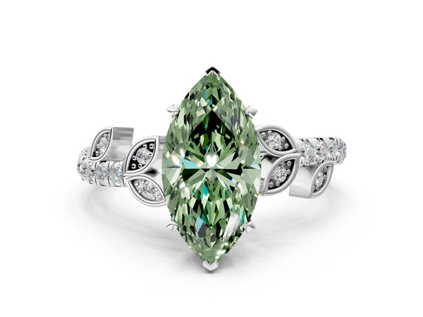 White gold Fancy Green Marquise Cut Solitaire Leaf-Inspired Diamond Ring with Pavé Band and Four-Prong Setting