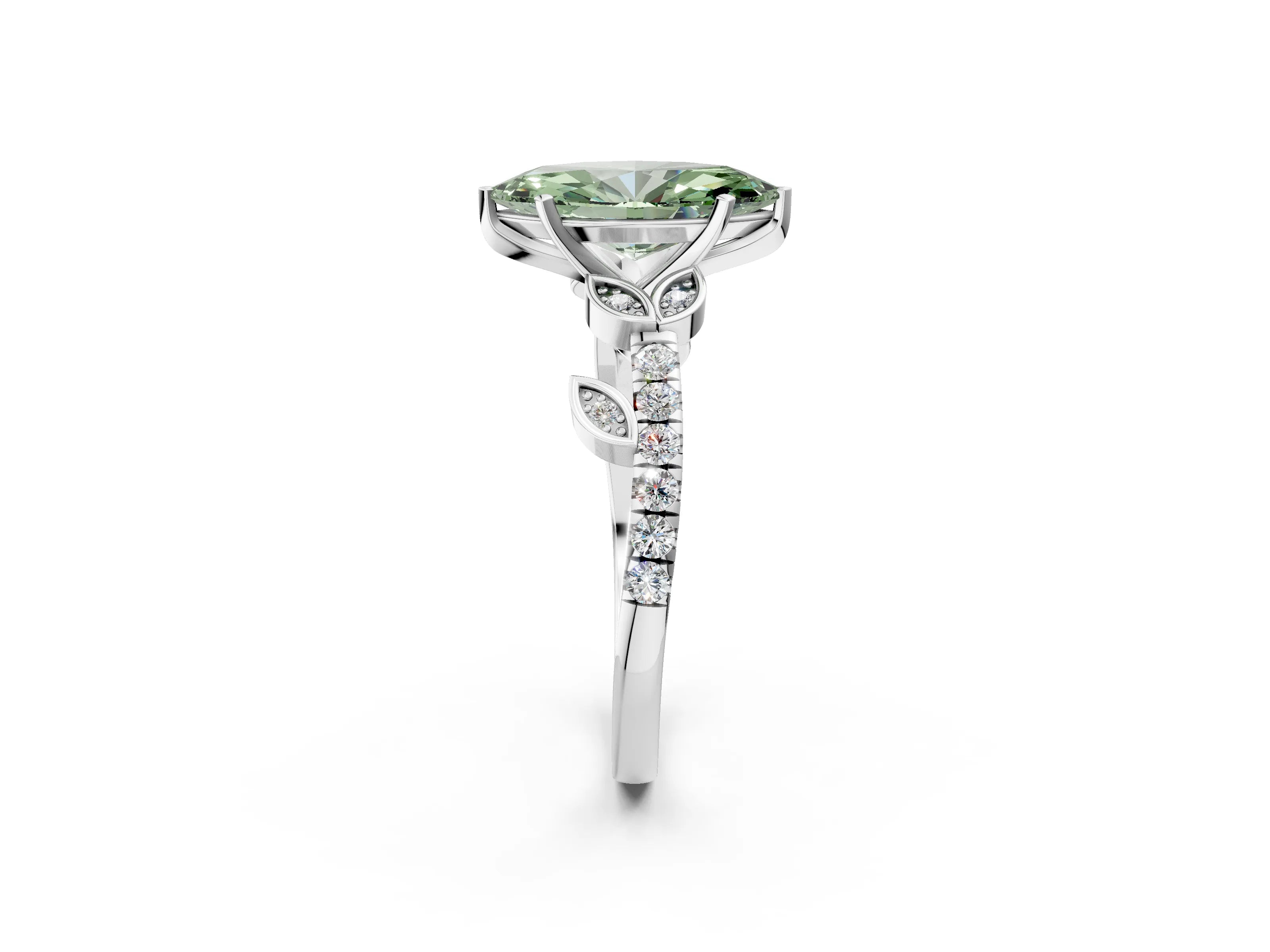 White gold Fancy Green Marquise Cut Solitaire Leaf-Inspired Diamond Ring with Pavé Band and Four-Prong Setting_14