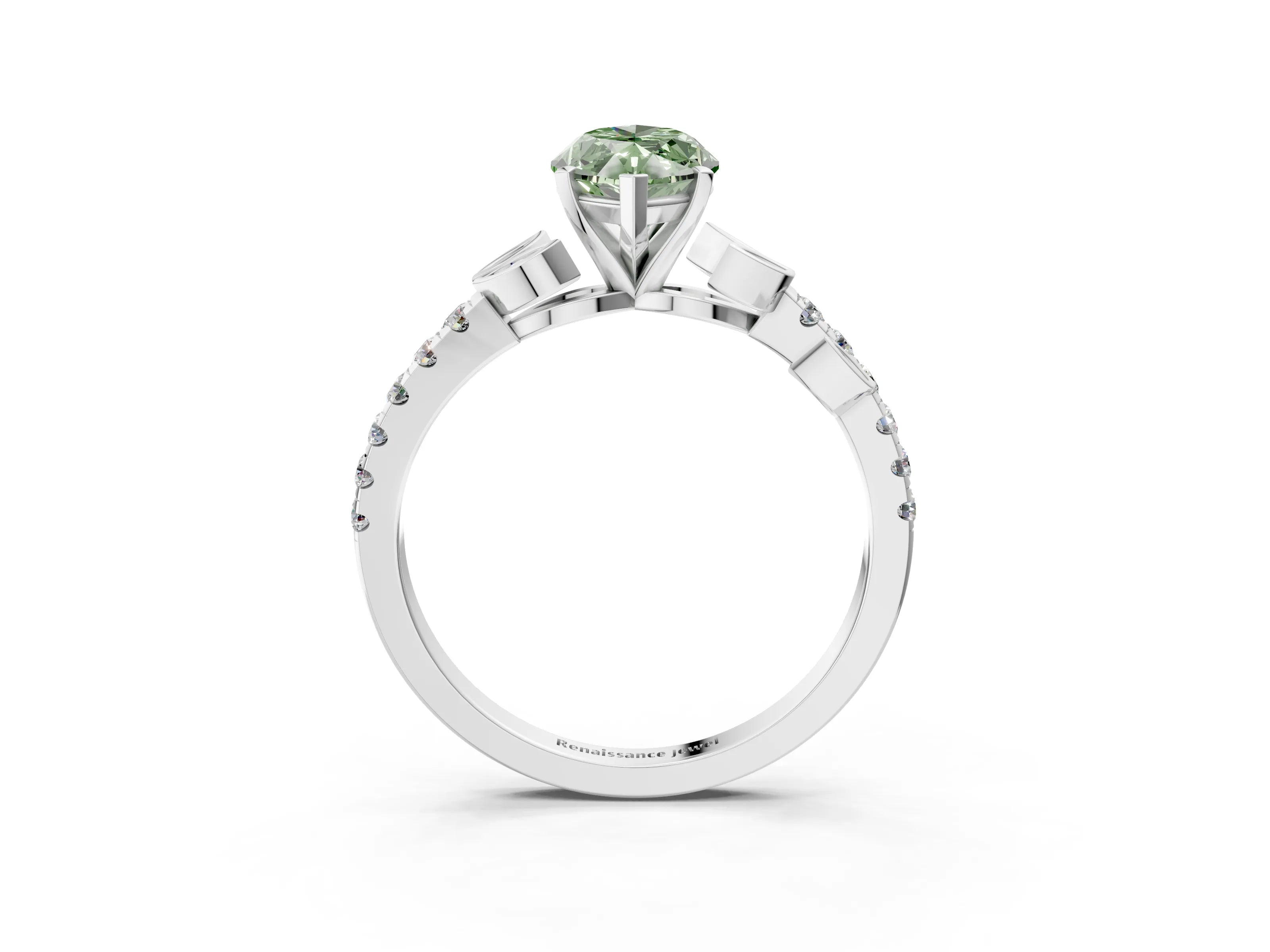 White gold Fancy Green Marquise Cut Solitaire Leaf-Inspired Diamond Ring with Pavé Band and Four-Prong Setting_14