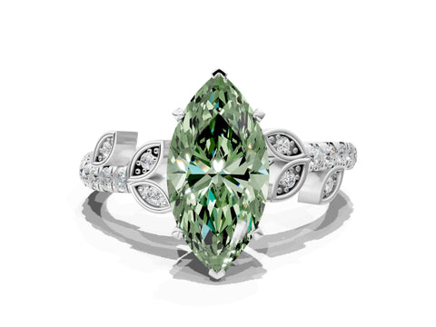 White gold Fancy Green Marquise Cut Solitaire Leaf-Inspired Diamond Ring with Pavé Band and Four-Prong Setting_36