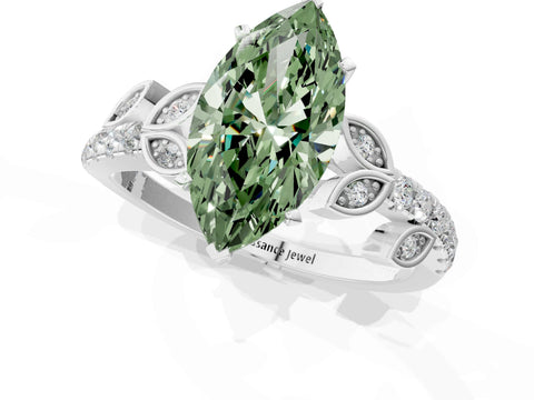 White gold Fancy Green Marquise Cut Solitaire Leaf-Inspired Diamond Ring with Pavé Band and Four-Prong Setting_37