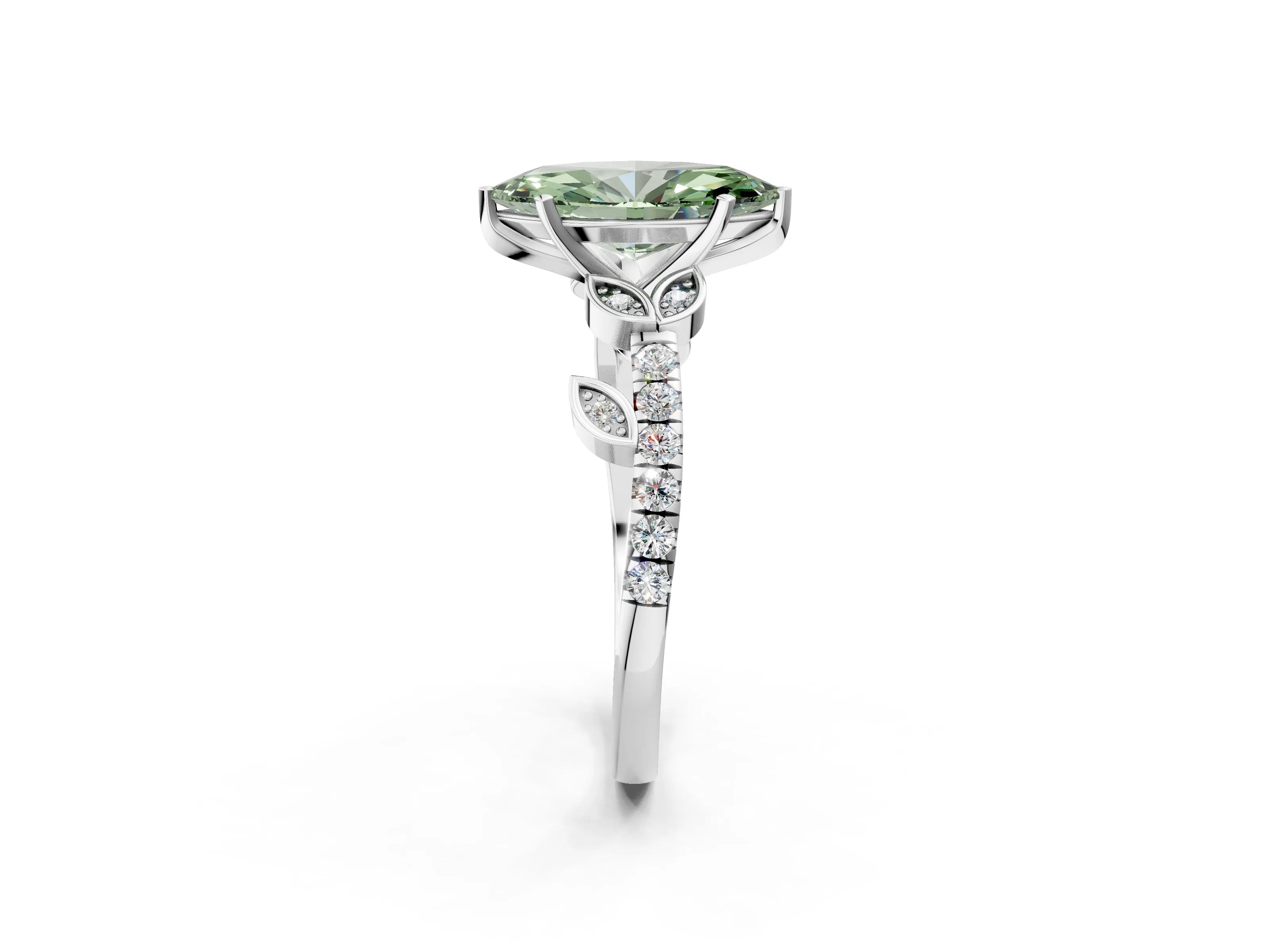 White gold Fancy Green Marquise Cut Solitaire Leaf-Inspired Diamond Ring with Pavé Band and Four-Prong Setting_37