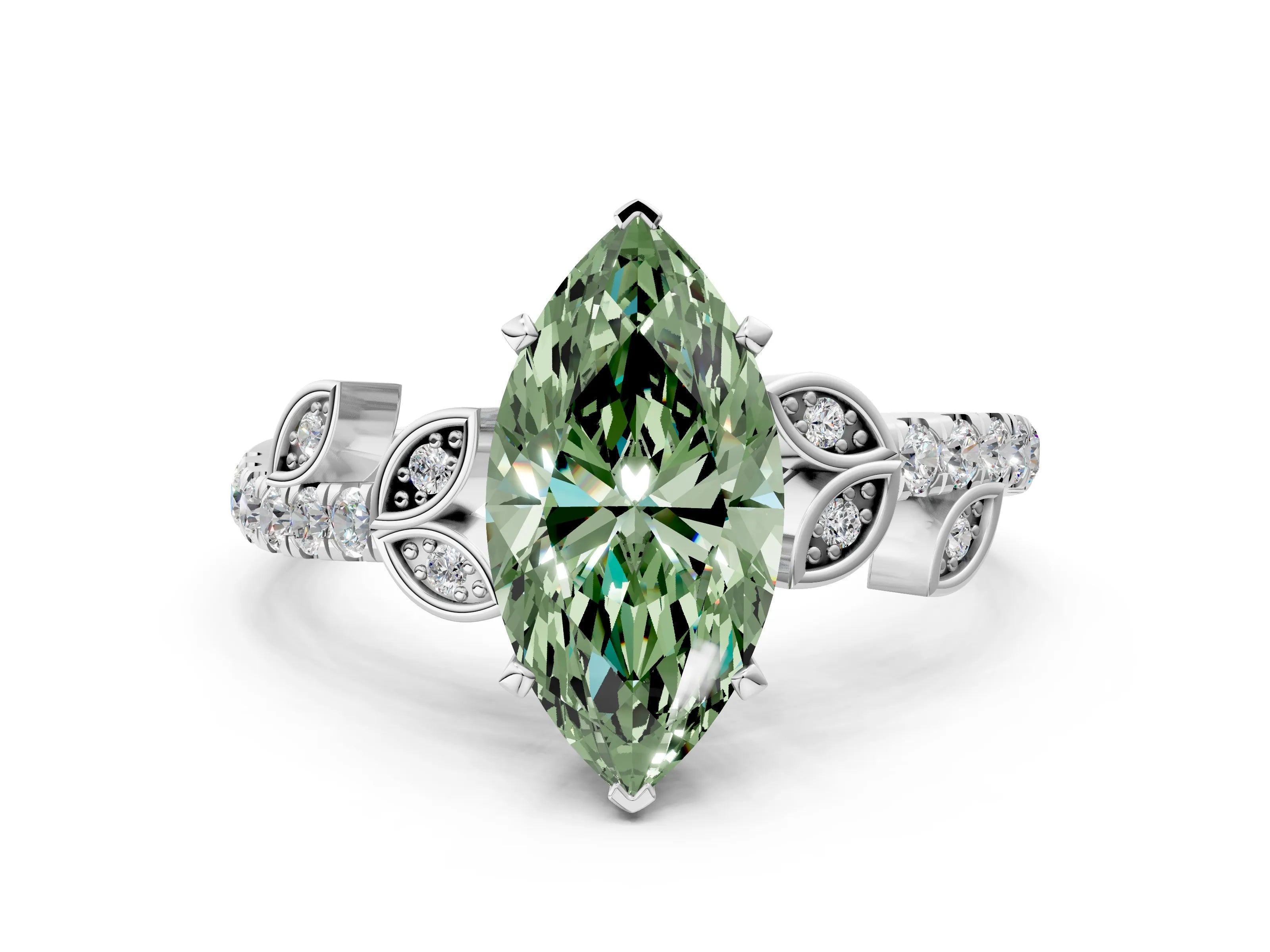 White gold Fancy Green Marquise Cut Solitaire Leaf-Inspired Diamond Ring with Pavé Band and Four-Prong Setting_47