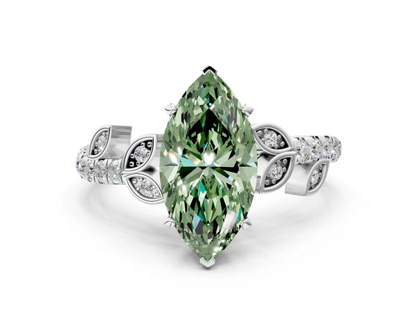 White gold Fancy Green Marquise Cut Solitaire Leaf-Inspired Diamond Ring with Pavé Band and Four-Prong Setting