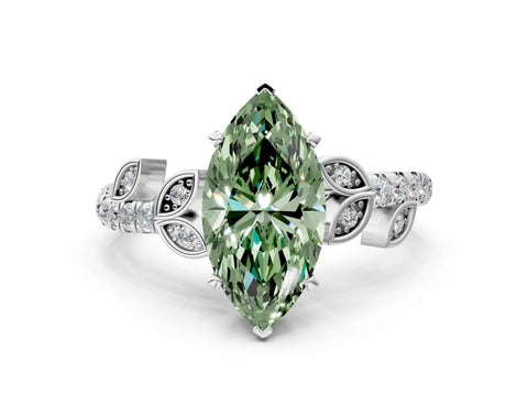 White gold Fancy Green Marquise Cut Solitaire Leaf-Inspired Diamond Ring with Pavé Band and Four-Prong Setting_47