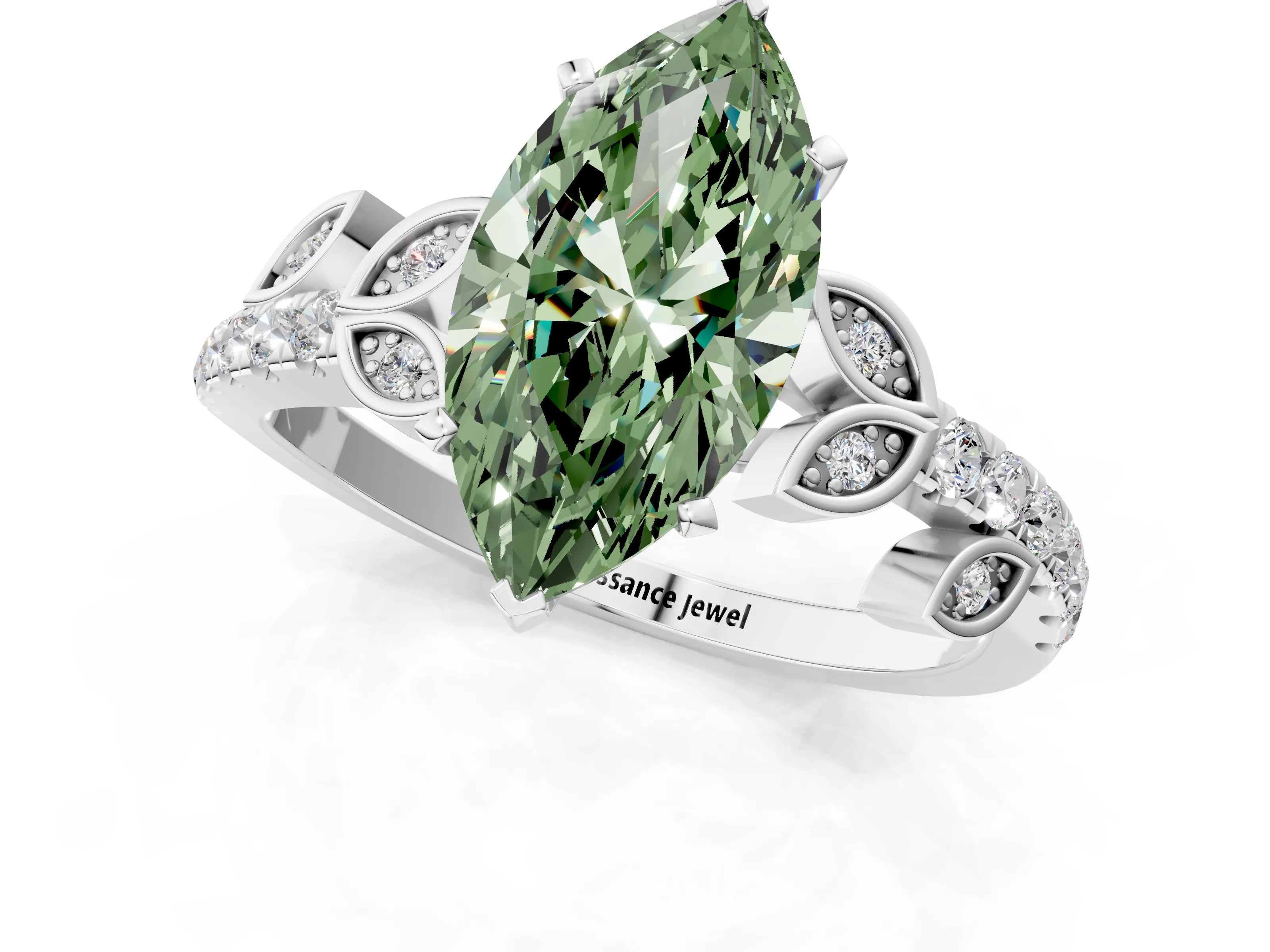 White gold Fancy Green Marquise Cut Solitaire Leaf-Inspired Diamond Ring with Pavé Band and Four-Prong Setting_49
