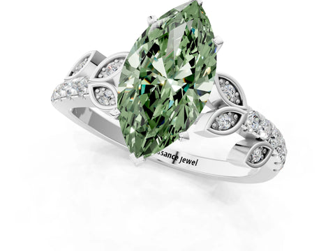 White gold Fancy Green Marquise Cut Solitaire Leaf-Inspired Diamond Ring with Pavé Band and Four-Prong Setting_49