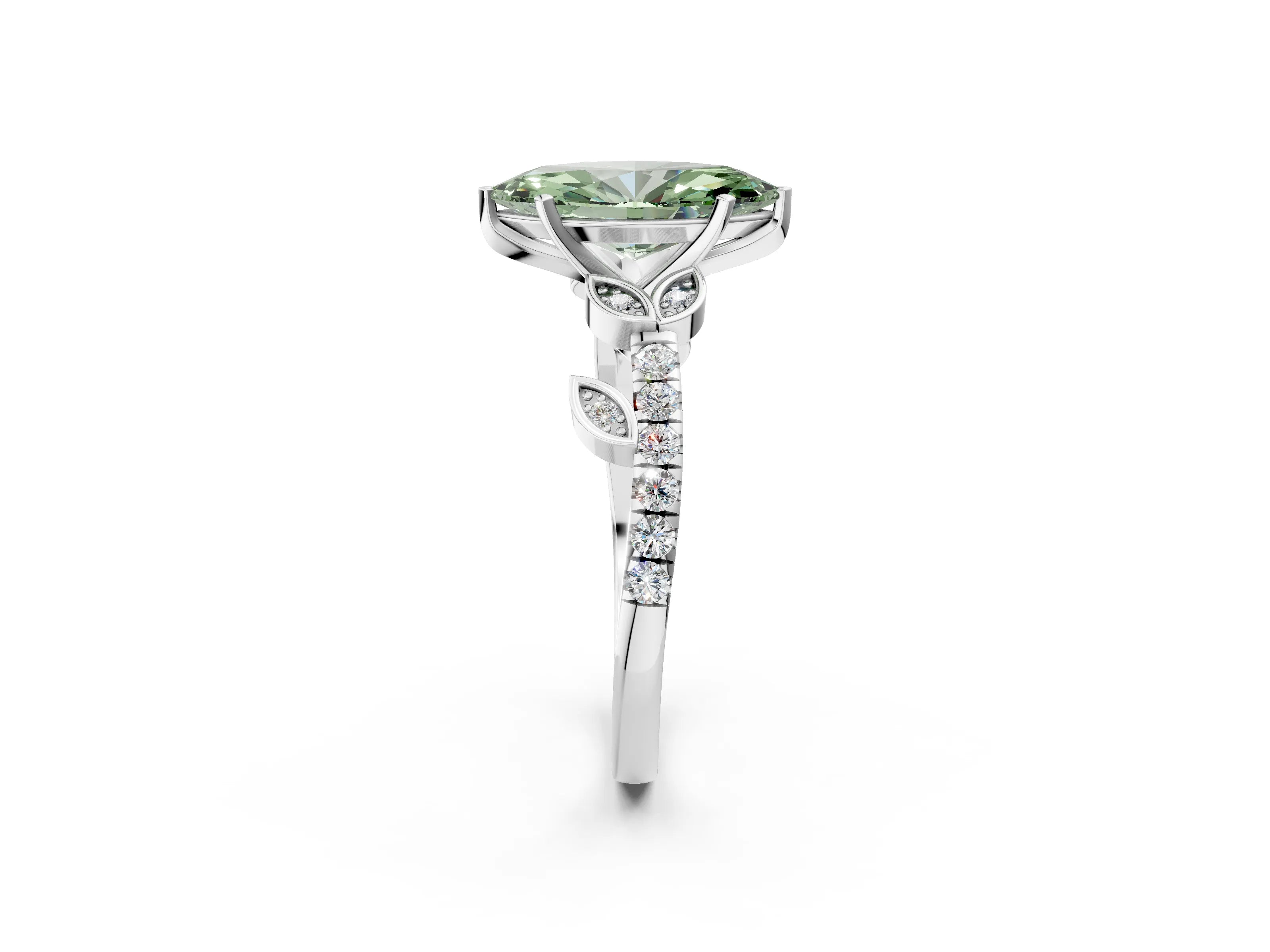 White gold Fancy Green Marquise Cut Solitaire Leaf-Inspired Diamond Ring with Pavé Band and Four-Prong Setting_50