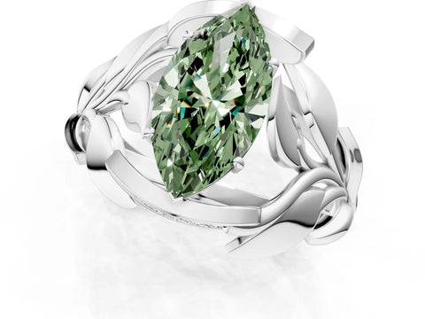 White gold Fancy Green Marquise Cut Solitaire Leaf-Inspired Engagement Ring with Prong Setting_1