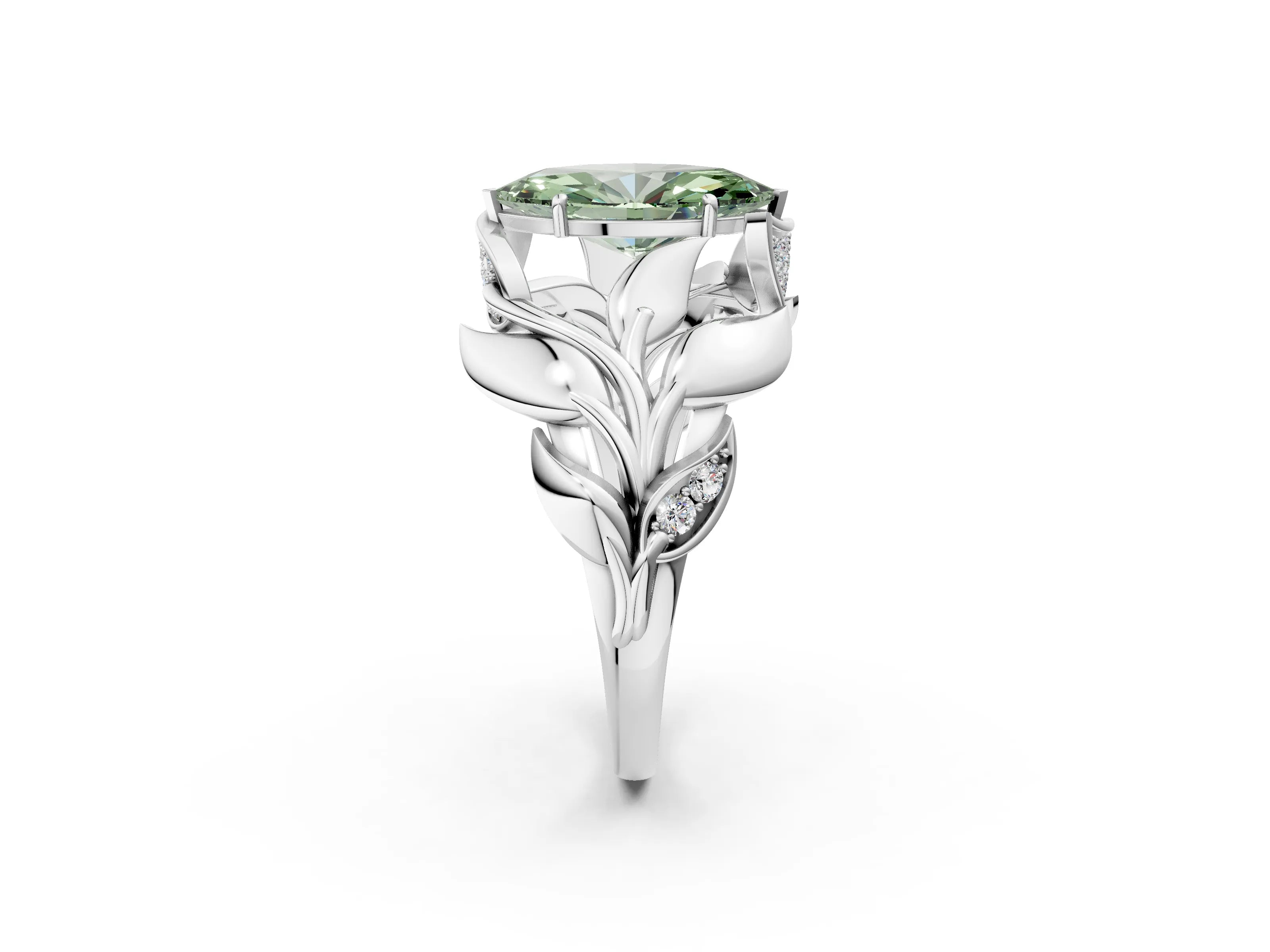 White gold Fancy Green Marquise Cut Solitaire Leaf-Inspired Engagement Ring with Prong Setting_2