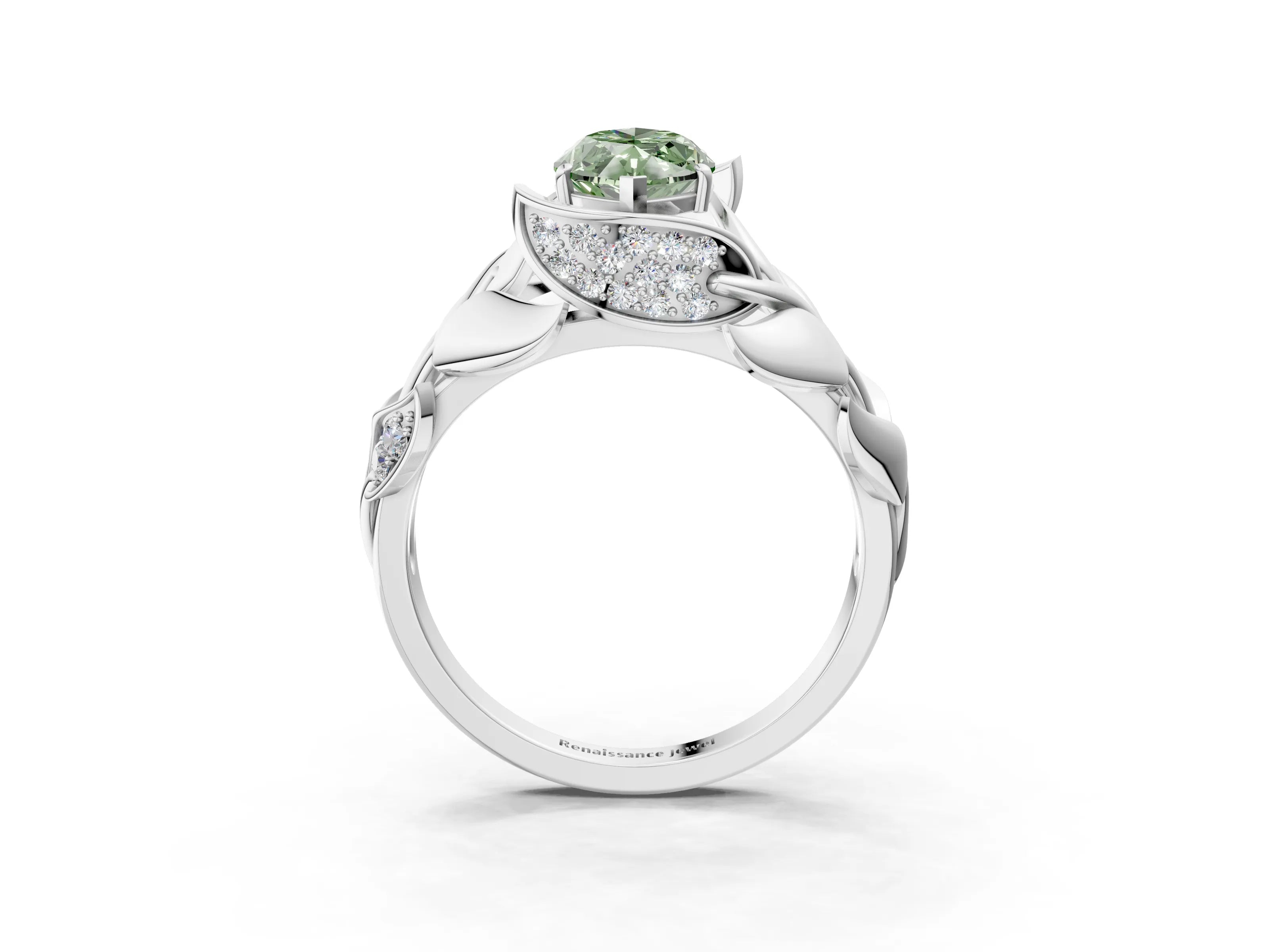 White gold Fancy Green Marquise Cut Solitaire Leaf-Inspired Engagement Ring with Prong Setting_3