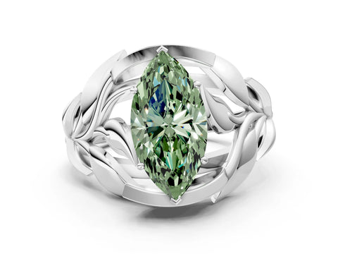 White gold Fancy Green Marquise Cut Solitaire Leaf-Inspired Engagement Ring with Prong Setting