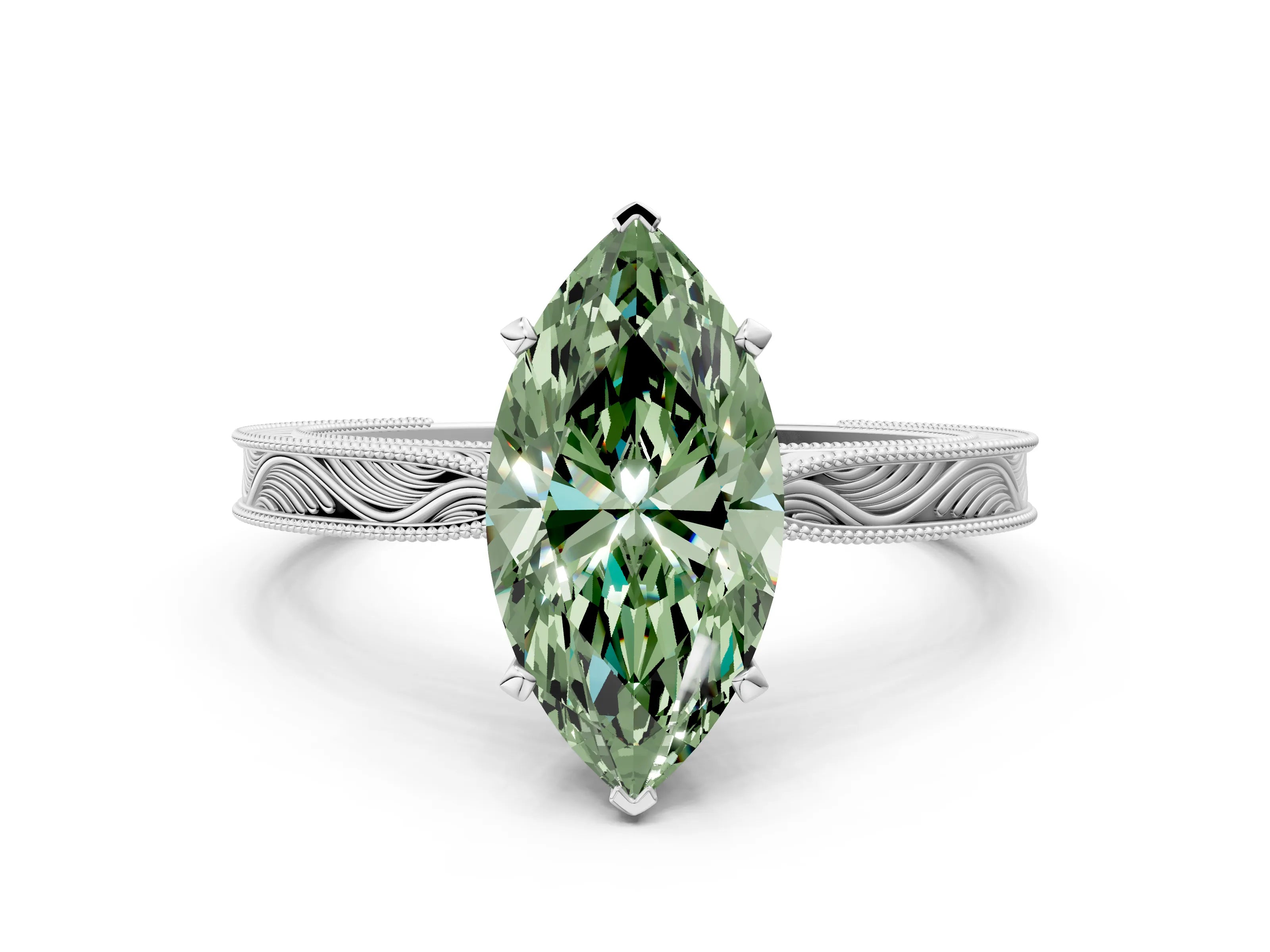 White gold Fancy Green Marquise Cut Solitaire Milgrain Engraved Band with Four-Prong Setting_12