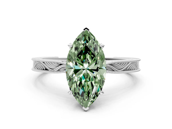 White gold Fancy Green Marquise Cut Solitaire Milgrain Engraved Band with Four-Prong Setting