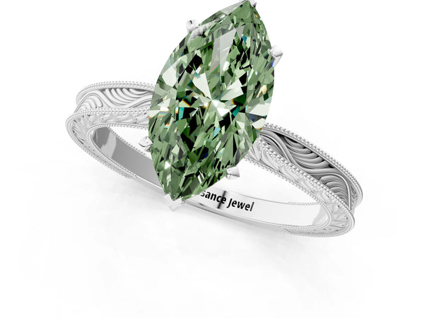 White gold Fancy Green Marquise Cut Solitaire Milgrain Engraved Band with Four-Prong Setting