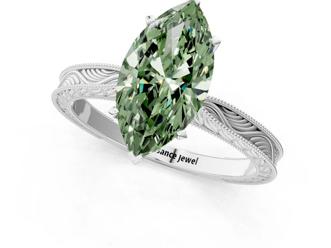 White gold Fancy Green Marquise Cut Solitaire Milgrain Engraved Band with Four-Prong Setting_13