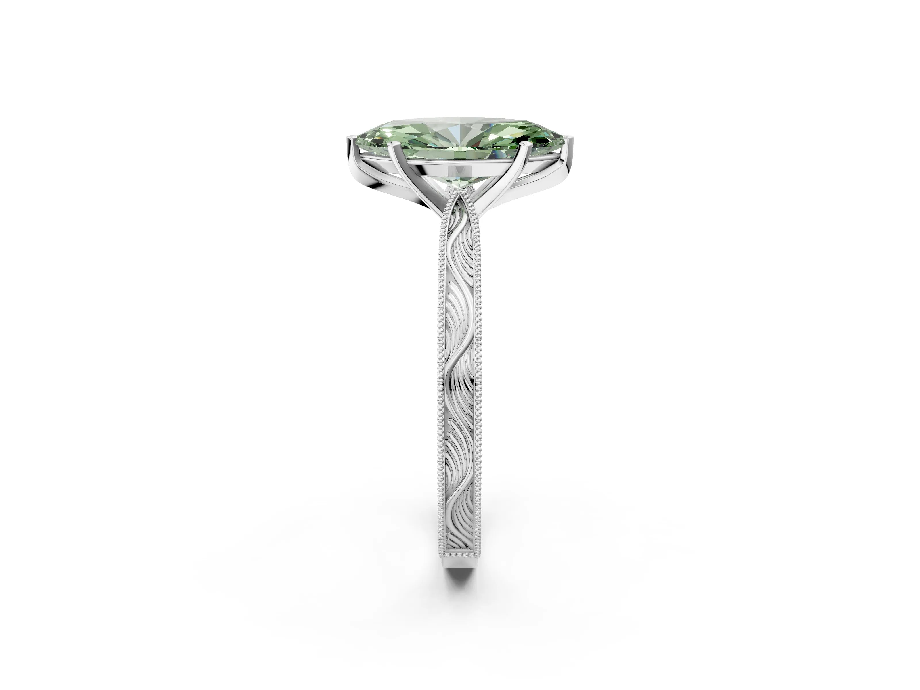 White gold Fancy Green Marquise Cut Solitaire Milgrain Engraved Band with Four-Prong Setting_14