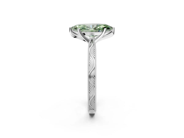 White gold Fancy Green Marquise Cut Solitaire Milgrain Engraved Band with Four-Prong Setting
